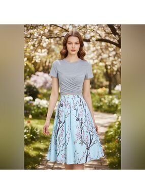 Camisa Gray Twist Front Bow Back Crewneck Top Blue Floral Midi Skirt XL